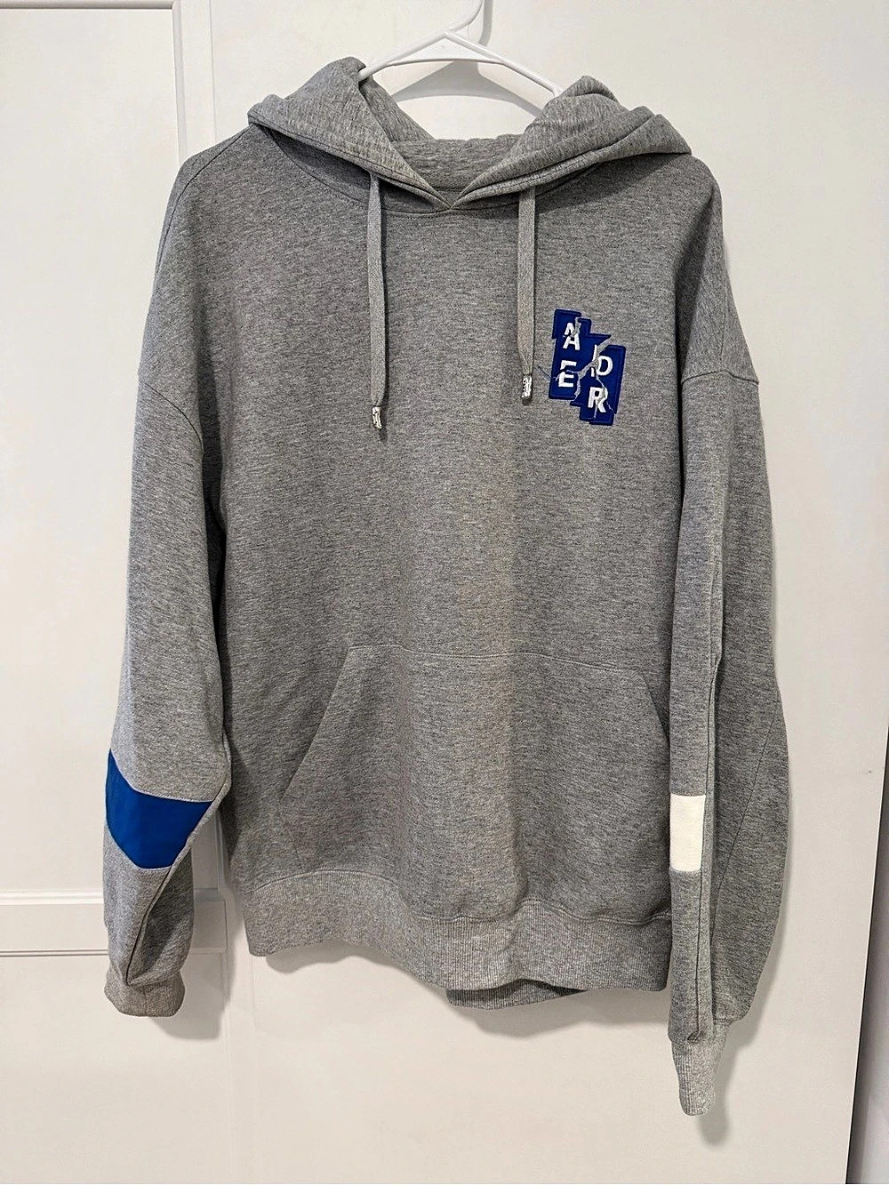 Ader Error FW20 Grey Logo Patch Hoodie Gray & Blue Size A1